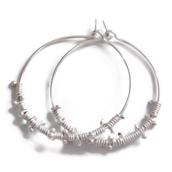 925 Sterling Silver Wire Wrapped Dew Drop Beaded Medium Sized Hoop Earrings - Picture 4 of 8